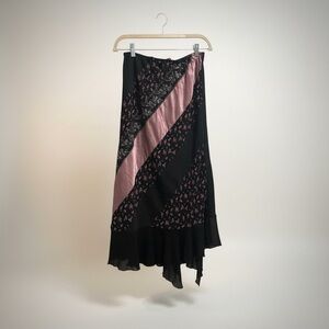 Vintage whimsy goth Black Skirt with Pink Satin Diagonal Panel